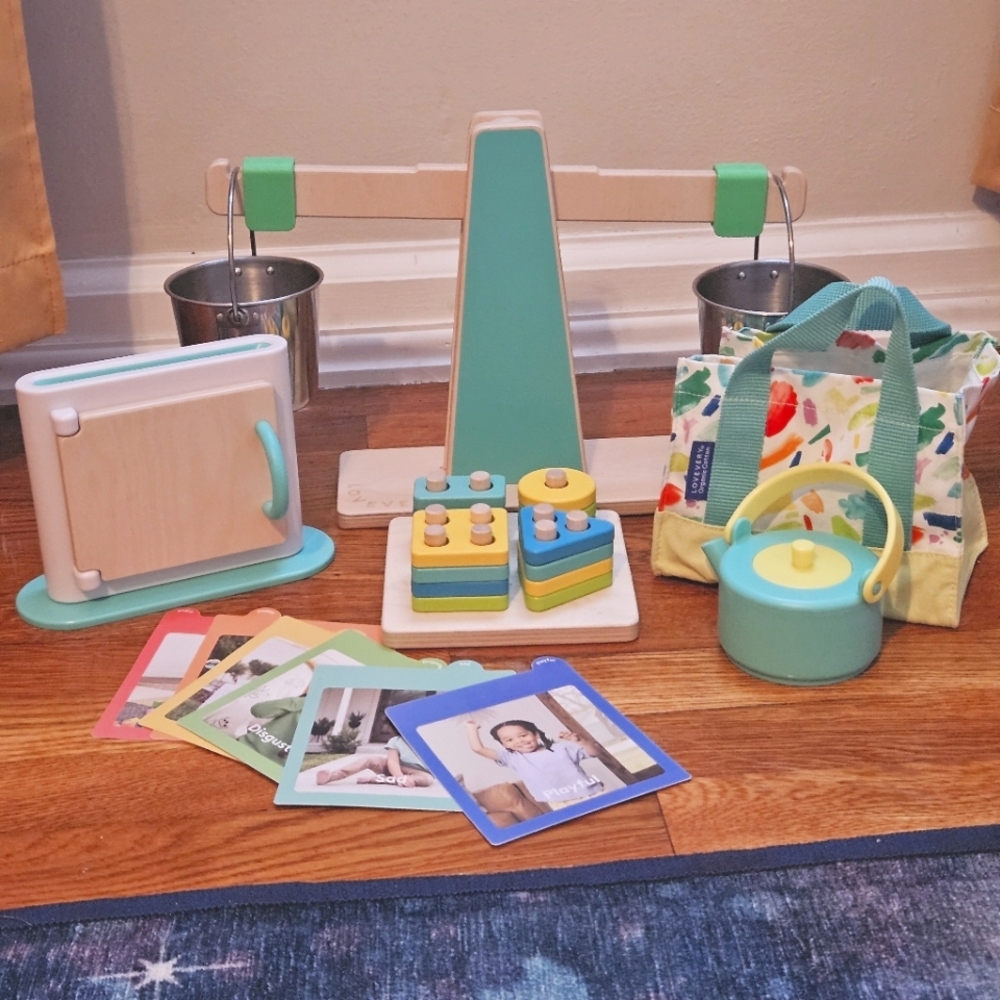 🦋 Lovevery Weigh Scale, Peg Puzzle, Picnic Tea Set, and Mirror Card Set